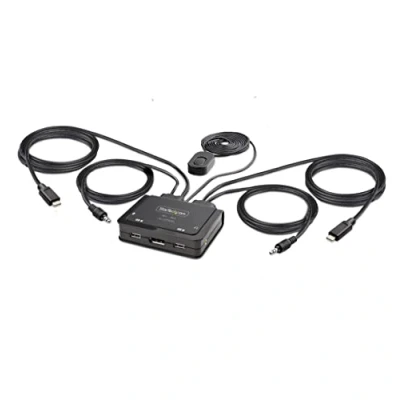 Image of StarTech.com 2 Port USB C Cable KVM Switch, 4K 60Hz DisplayPort Output, Compact with 4ft/1.2m Type C/Audio Integrated Host Cables, Bus Powered, Remote/Hotkey Switching (C2 D46 UC2 CBL KVM)