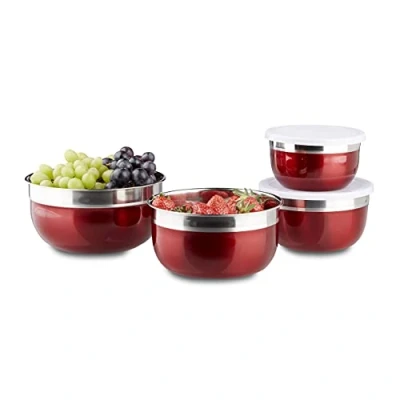 Image of Relaxdays Bowl Set with Lids, Stainless Steel, Different Sizes, 4 Piece Set, HxWxD: 9 x 18.4 cm, Red