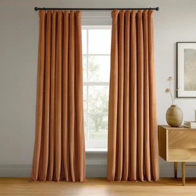 Image of HPD Half Price Drapes Signature Velvet Thermal Blackout Curtains for Living Room 96 Inch Long (1 Panel) Rod Pocket Insulated Bedroom Window Curtains, 50W x 96L, Burnt Pumpkin