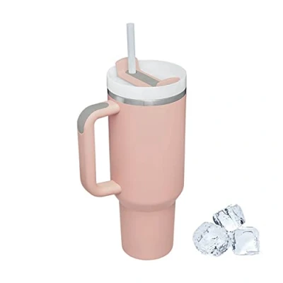 Image of Uezeth Tumbler with Straw Lid and Handle, Stainless Steel Coffee Travel Insulated Cup Mug, 40oz/30oz Water Bottle Thermos for Hot Cold (Pink 3)