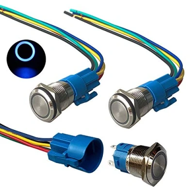 Image of QitinDasen 3Pcs Premium 12V/24V 5A Momentary Push Button Switch, 19mm Car Ignition Starter Blue LED Light Stainless Steel IP67 Waterproof Switch with Socket Plug Wire