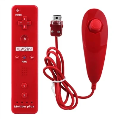 Image of OSTENT 2 in 1 Remote Controller Built Motion Plus + Nunchuk for Nintendo Wii Game Red