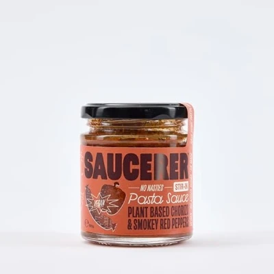 Image of Plant Based Chorizo and Smokey Red Peppers Pasta Sauce by the Saucerer 190g Smokey, Gourmet, Stir in with Soy Serves Two Made UK
