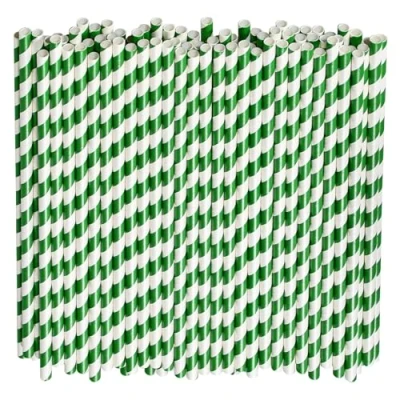 Image of 26 x 0.6 cm Extra Long Disposable Paper Straws Green White Striped Pack of 100 for Party Wedding Birthday 100% Biodegradable