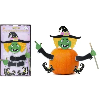Image of Quickdraw Wooden Pumpkin Decoration Set Halloween 5pc Wicked Witch/Black Cat Arms Novelty Scary Decorations Display (Wicked Witch)