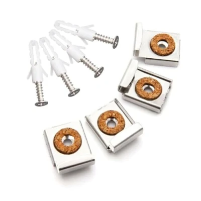 Image of ARA CHOICE 4X Chrome Frameless Mirror Glass Unframed Bathroom Wall Hanging Fixing Kit Clips Metal Silver Effect Spring Loaded with Screws and Raw Plugs Mount for Toilet Decoration