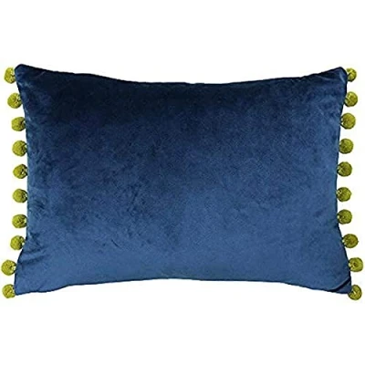 Image of Riva Paoletti Fiesta Rectangular Filled Cushion Blue Yellow Pompom Edges Faux Velvet Fabric Discreet Zip Closure 100 Case (14&quot; x 20&quot; inches), Polyester, Indigo/Olive, 35 50cm