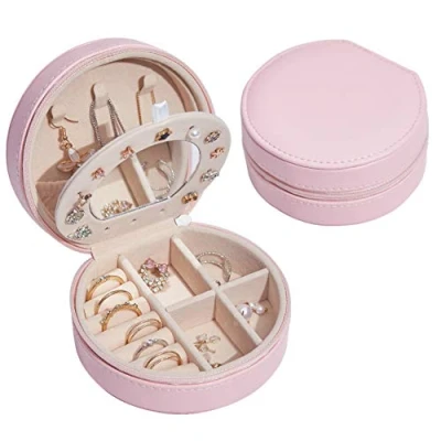 Image of NuAngela Jewelry Box Small Travel Bags Organizer,PU Leather Storage Display Case,Portable Holder for Women’s Necklace Earring Rings Accessories (Double Layer, Champagne)