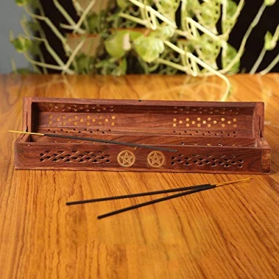 Image of Simply essential&#039; Wooden Incense Joss Stick Cone Holder Smoke Box Pantagon