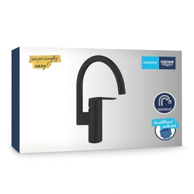 Image of GROHE Start QuickFix 1 Lever Kitchen Sink Mixer Tap (High C Spout 339 mm with 150 Swivel Area, 35 Ceramic Cartridge, Tails 3/8 Inch, Easy to Fit QuickMount), Matt Black, 304692430
