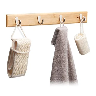 Image of Relaxdays Bamboo Wall Hook Bar, Natural Grain, Metal Hooks, Hallway Coat Rack, Towel Holder, 4 HWD: 6x48.5x5cm,