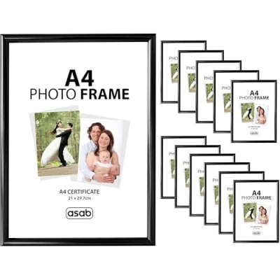 Image of ASAB Pack of 12 A4 Frame Wall Hanging Hooks Flat Classic Design Picture with Quick Photo Insertion Clear Acrylic Display for Table Top Home and Office (Black)