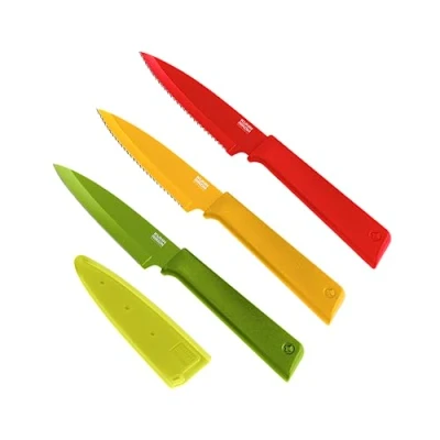 Image of Kuhn Rikon Colori+ Prep 3 Pc Kitchen Knife Set (1x Paring Knife, 2x Serrated Knife) Stainless Steel Blade Knives Set. Sharp Year Accessories Guarantee