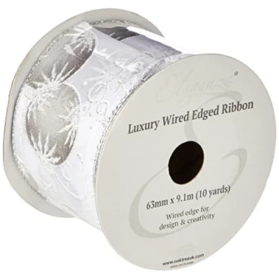 Image of Oaktree UK Eleganza Wired Edge Christmas Bauble Ribbon 63mm x 9.1m Design No.394 White/Grey