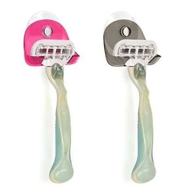 Image of kwmobile 2X Razor Holder with Suction Cup Self Adhesive Shaver Wall Mount Bathroom Organizer for Glass and Tiles Black/Dark Pink/Transparent