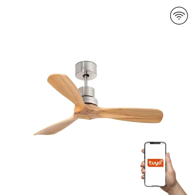 Image of Mini Lantau Small 3 Blade Ceiling Fan Satin Nickel, Light Pine Tuya Smart System
