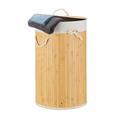 Image of Relaxdays Folding Round Basket, 41 cm Diameter, 65 Tall, Foldable, Volume of 80 L, with Cotton Laundry Sack, Creme, x