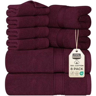 Image of Utopia Towels 8 Piece Premium Towel Set, 2 Bath Towels, Hand and 4 Wash Cloths, 600 GSM 100% Ring Spun Cotton Highly Absorbent for Bathroom, Gym, Hotel, Spa (Burgundy)