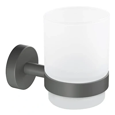 Image of tesa Moon Grey Toothbrush Tumbler Made of Satin Glass with Holder, matt for bathrooms in Industrial Style and Modern Drill Free, incl. Adhesive Solution 96 mm x 70 109