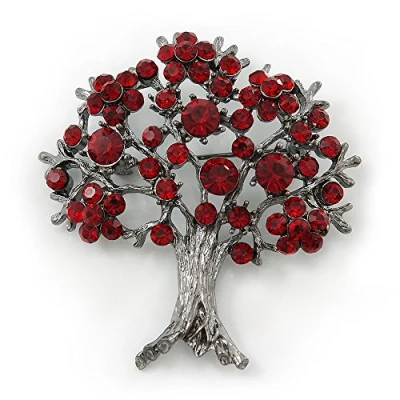 Image of Avalaya Burgundy Red Crystal &#039;Tree of Life&#039; Brooch in Gun Metal Finish 52mm Length