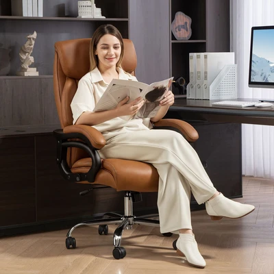 Image of Pu Leather Office Chair with Spring Padding, Swivel Wheels, Brown Homcom