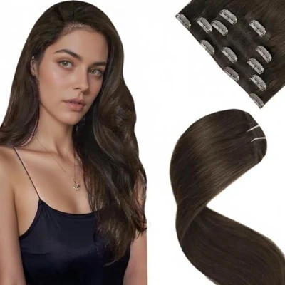 Image of LaaVoo Clip in Hair Extensions Real Human Darkest Brown Seamless Remy 18 Inch 5pcs 80g #2