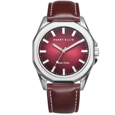 Image of Perry Ellis Solar Powered Mens Watch Vegan Leather Water Resistant Analog Wrist Watches for Men 42mm Case Relojes para Hombres Elegant Gift Man, Red, One Size, Dress