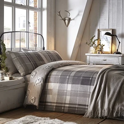 Image of Dreams &amp; Drapes Colville Check 100% Brushed Duvet Cover Set, Cotton, Grey, Single