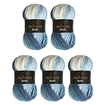 Image of 5 x 100 g Wollbiene Batik, 500 Wool with Colour Gradient, Multicoloured Knitting Wool, Crochet (5500 Blue White)