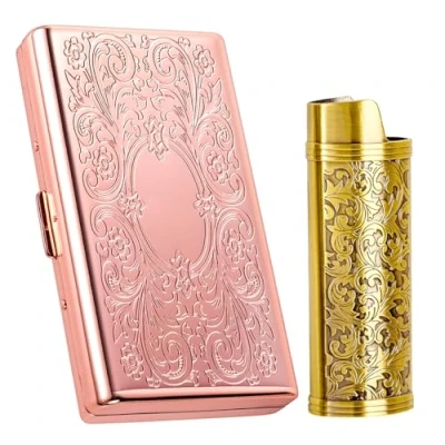 Image of Vintage Metal Cigarette Case with J6 Lighter Case, Holds 12pcs 100mm Cigarettes, Can Also Be Used for RFID Credit Card and Cash Storage (Pink, 100&#039;s)