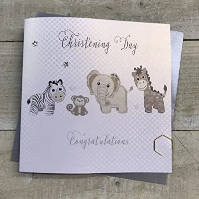 Image of white cotton cards &quot;Christening Day Congratulations Handmade Card, Silver Toys White, PD68 NEW