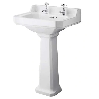 Image of Old London Milano Richmond Traditional White Ceramic Bathroom Basin Sink with Full Pedestal and Two Tap Holes 560mm x 450mm