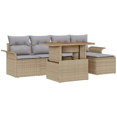 Image of vidaXL 6 Piece Garden Dining Set with Cushions Beige Poly Rattan Acacia