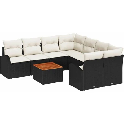 Image of vidaXL 9 Piece Garden Sofa Set with Cushions Black Poly Rattan Acacia
