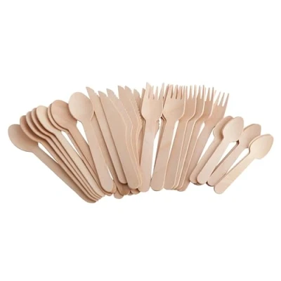 Image of GoCoPack Wooden Cutlery Set: Pack of 100 Spoons, Forks, Knives and Tea Spoons Disposable Eco Friendly 100% Compostable Biodegradable
