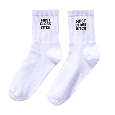 Image of Maijia 1Pair Novelty Funny Letter Print Cotton Socks FUCK OFF Crew Women Mens Tube Unisex White Sock (First Class Bitch)