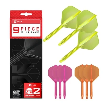 Image of TARGET Darts K Flex Integrated Dart Flights and Shafts, Medium Stem (33mm), No.2 Flight, 9 pack Bundle, Neon Pink, Orange &amp; Yellow