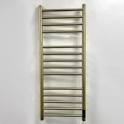 Image of Manissa Siena Brushed Brass Stainless Steel Electric Heated Towel Rail 400mm W x 1000mm H Energy Efficient Radiator