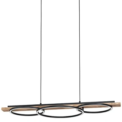 Image of Eglo Boyal Dimmable LED Pendant Lamp, Dining and Living Room Ceiling Light Fixture, Metal, Flamed Wood Plastic Hanging Lighting Coloured in Black, Brown White, E27 Socket