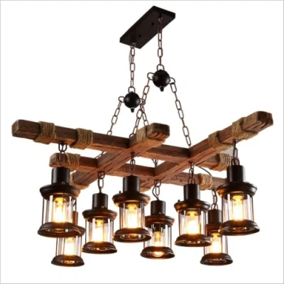 Image of JJXD E27 Retro Pendant Light Wood Vintage Industrial Lights Metal Height Adjustable Loft Hanging Lighting Living Room Bar Chandelier Dining Restaurant Kitchen Bedroom Decorative 8 heads