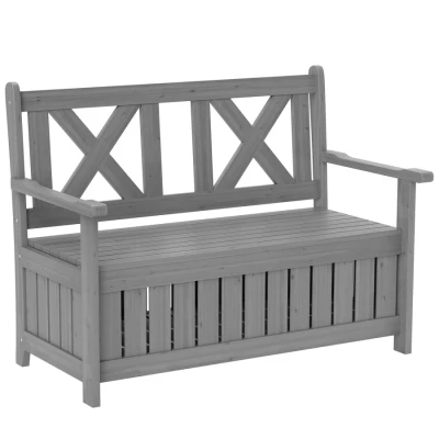 Image of Outsunny Wood Garden Bench 2 Seater Storage Chest Patio Seating Chair with High Back and Armrest, Charcoal Grey