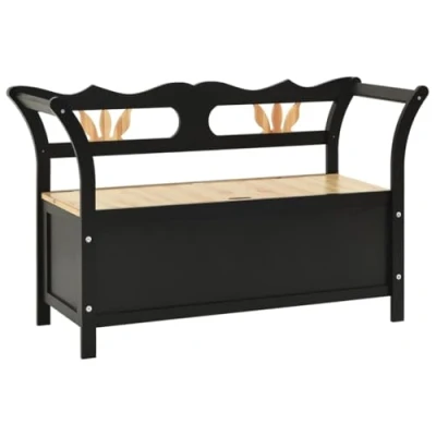Image of vidaXL Modern Bench, Solid Fir Wood, Spacious Storage, Backrest and Armrests, Durable Stable, for Hallway, Living Room, Black, Dimensions 107x45x75.5 cm
