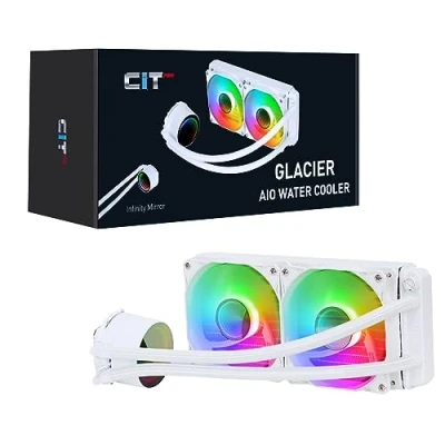 Image of CiT Pro Glacier 240mm White ARGB CPU Liquid Cooler, AIO Cooler Water For Intel &amp; AMD, Two YH120 Infinity PWM Fans, 800 to 1800RPM Mirror Cap Design