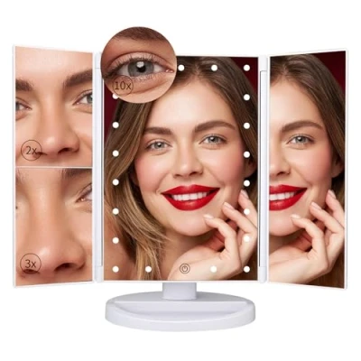Image of SINZUX Vanity Cosmetic Mirror, Makeup Mirror with 21 Led Lights, Touch Screen, Magnification Tri Fold 2X 3X 10X Magnifying 180Free Rotation Dual Power Supply Travel (White)