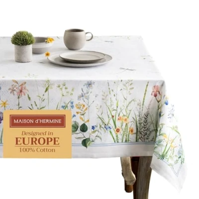 Image of Maison d&#039; Hermine Table Cover 100% Cotton 140cm x 230cm Decorative Tablecloth Washable Square Easter Tablecloths for Dining, Home, Wedding, Banquet, Buffet, Fleurs De Mai Spring/Summer