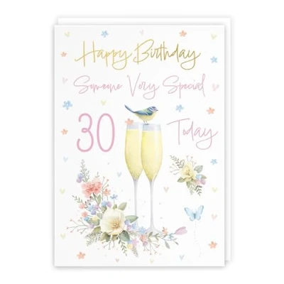 Image of Hunts England 30th Someone Special Champagne Flutes Female Birthday Card Luxury Gold Foil Milo&#039;s Gallery Age 30 Butterflies, Hearts, Flowers Pretty A5 Size