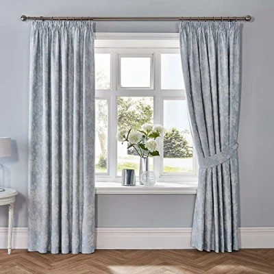 Image of Dreams &amp; Drapes Woven Imelda Jacquard Pair of Pencil Pleat Curtains With Tie Backs 66&quot; Width x 72&quot; Drop (168 183cm) in Duck Egg