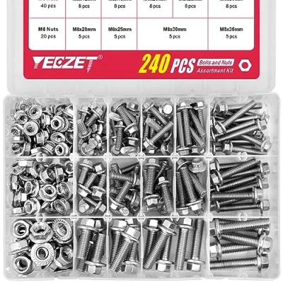Image of YEEZET 240PCS M5 M6 M8 Flanged Bolts and Nuts Kit,Stainless Steel 304 Metric Hex Screws Includes 14 Most Common Sizes