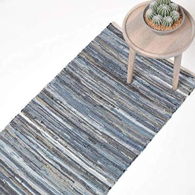 Image of HOMESCAPES 100% Recycled Denim Blue Chindi Hall Runner Stripes Handmade Eco Friendly Real Rug, 66 x 200 cm