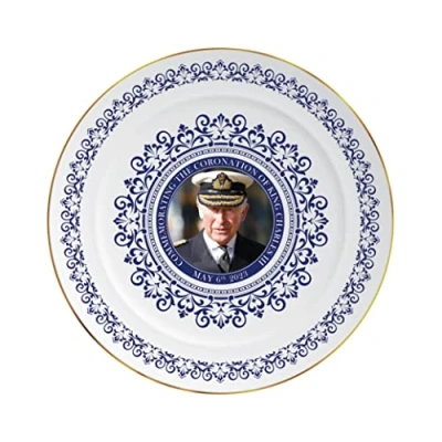 Image of SHATCHI King Charles III Portrait Memorabilia King&#039;s Coronation Commemorative Plate with Stand Souvenirs Gift His Majesty, White, 8Inch